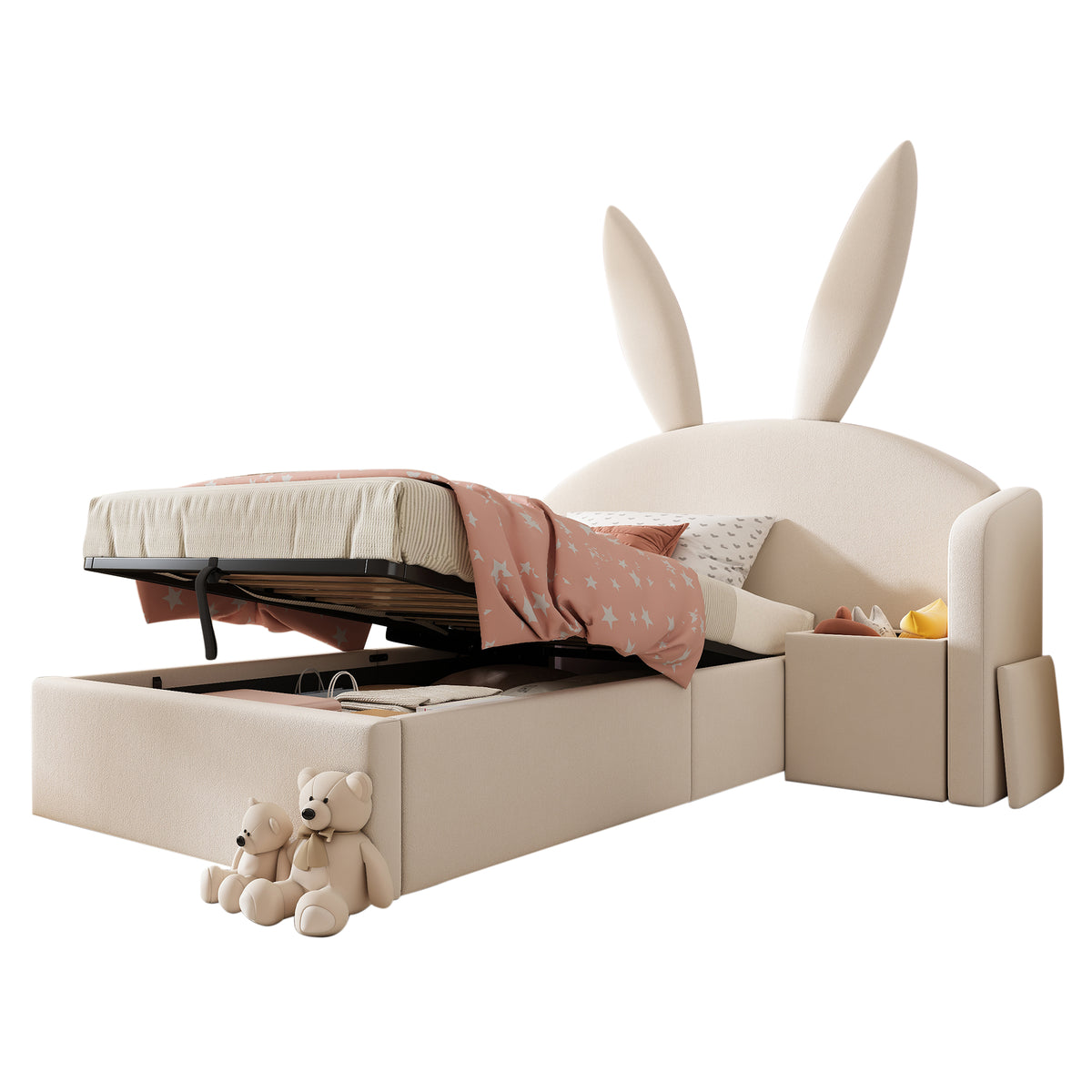 Youth Bed 90x200cm with Storage & Bedside Table, Beige Velvet