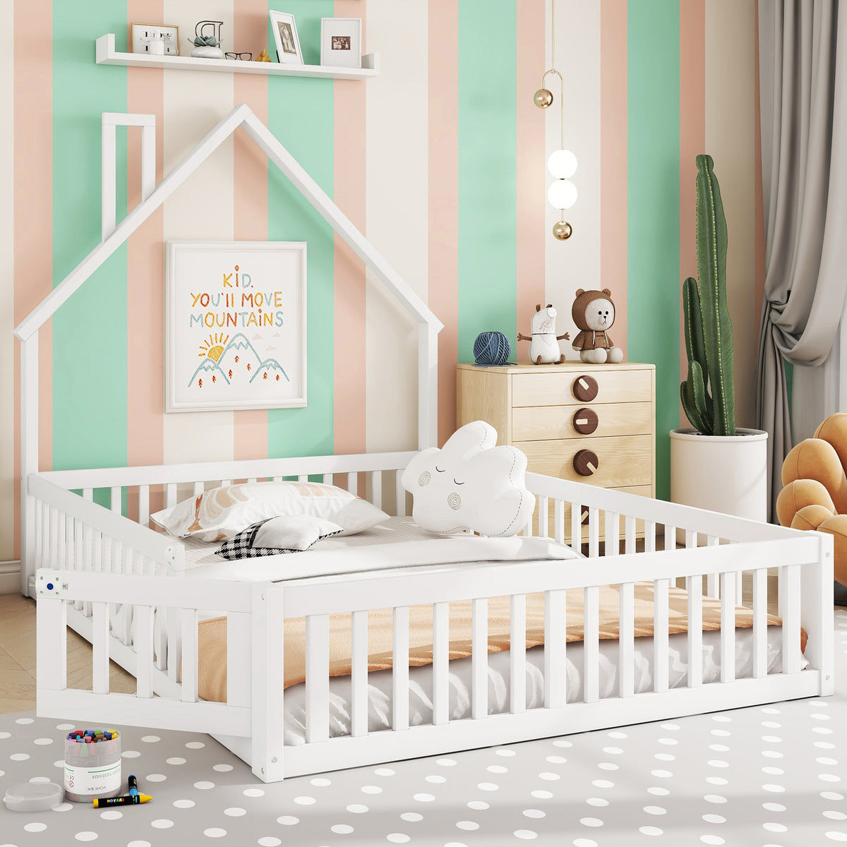 Children's Upholstered Bed 140x190cm Chimney Shape, White Pine Wood