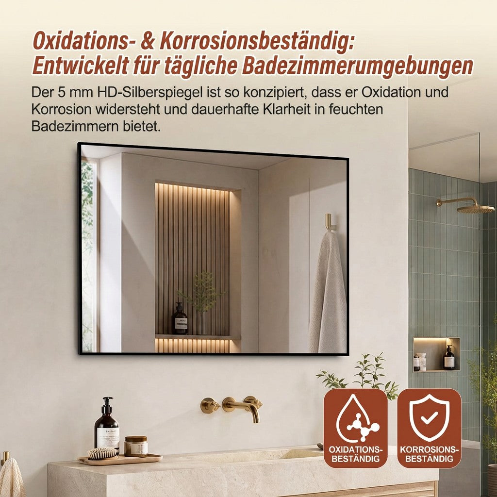 Bathroom Mirror 70x90 cm, HD Wall Mounted, Black Aluminum