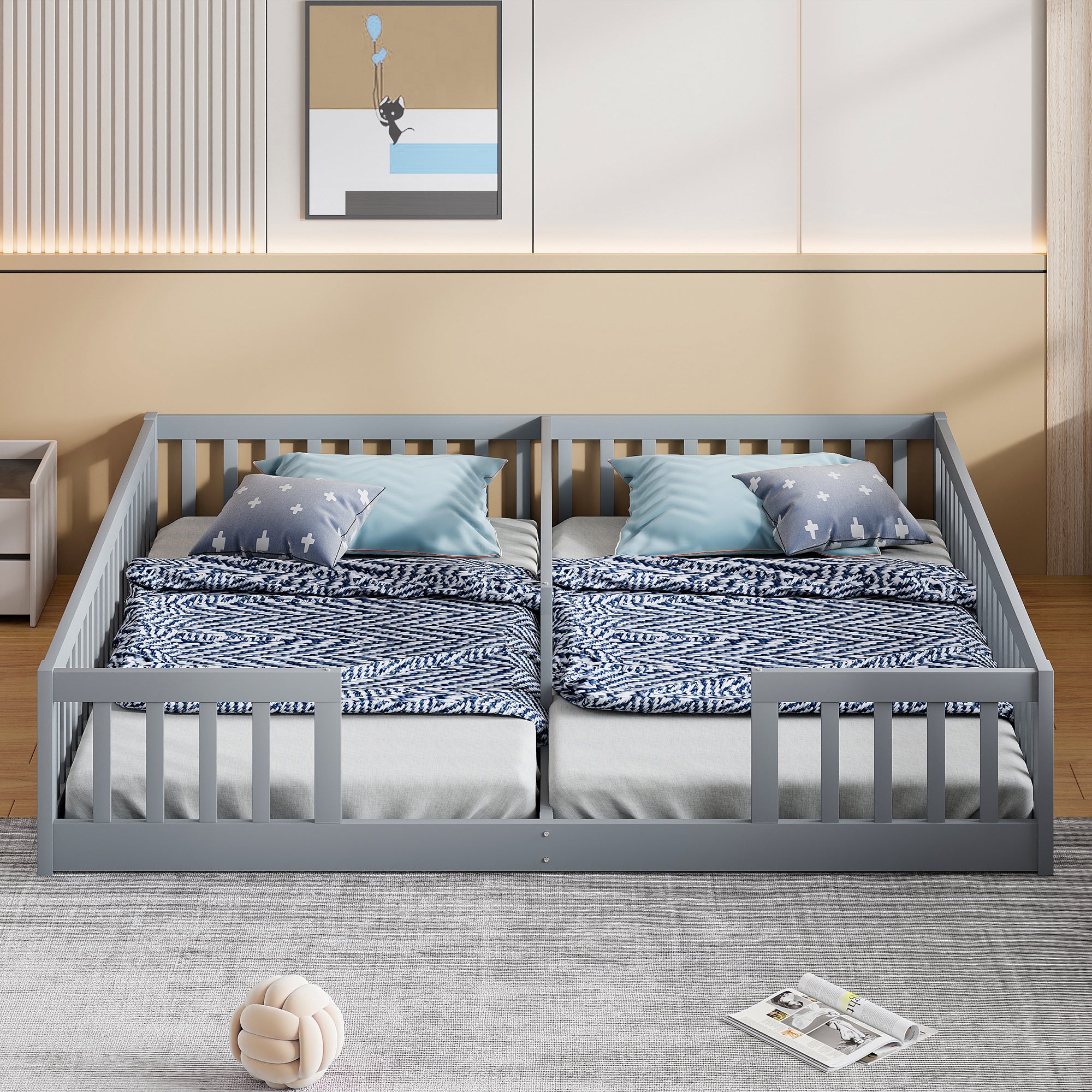 Children's Panel Bed 90x200 cm with Railing, Grey Pine Wood