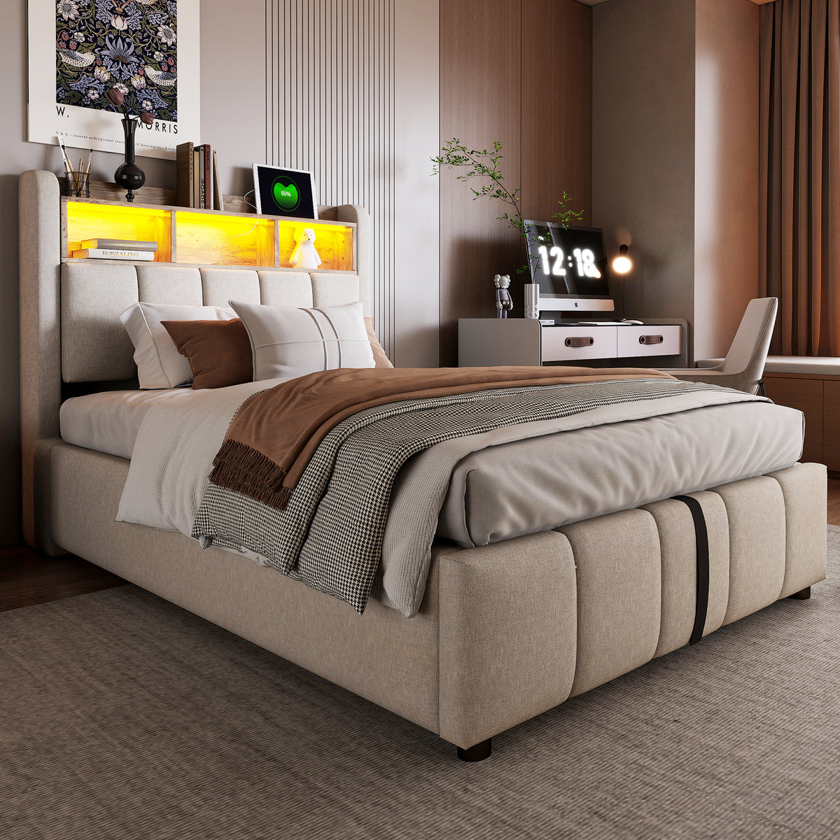 Upholstered Single Bed 90x200 LED USB Storage, Beige Linen