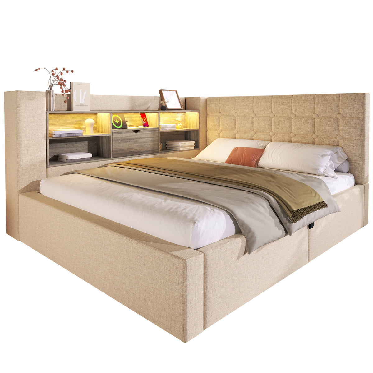 Upholstered Bed 140x200 with LED & Storage, Beige Linen