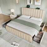 Upholstered Bed 140x200cm with 4 Drawers & USB, Beige Linen