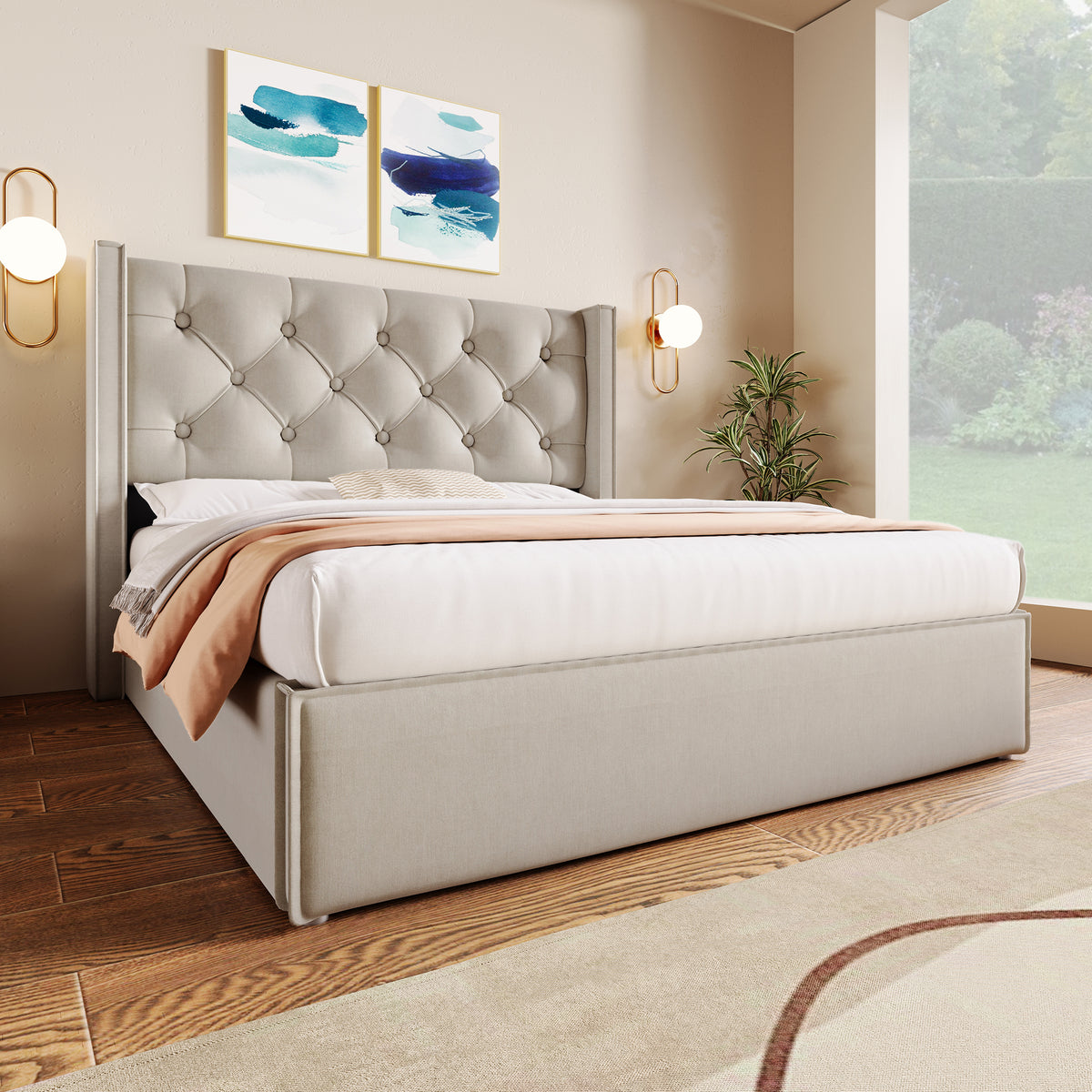 Hydraulic Upholstered Double Bed 160x200cm with Storage, Light Grey