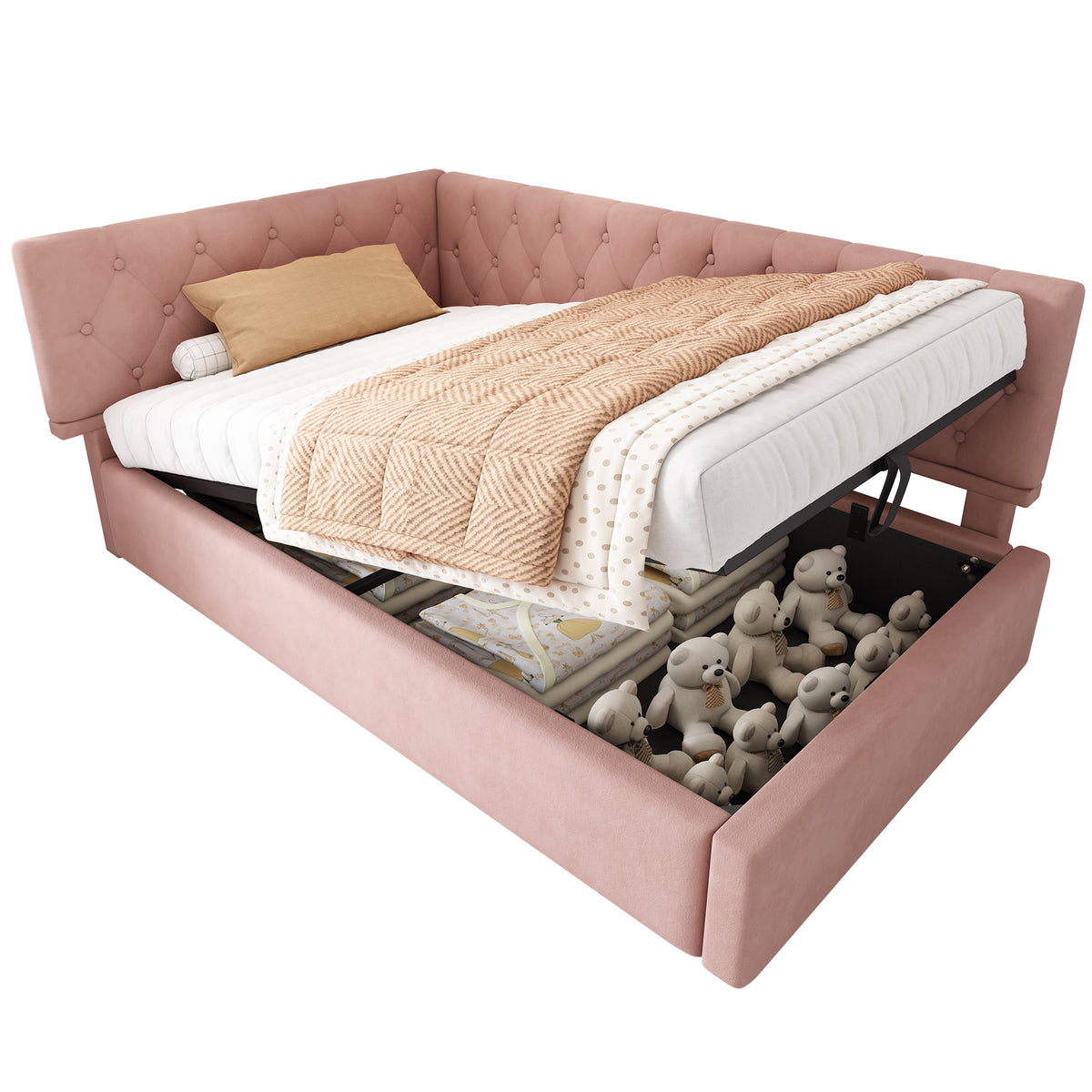 Upholstered Double Bed 180x200 with Storage & LED, Beige Chenille