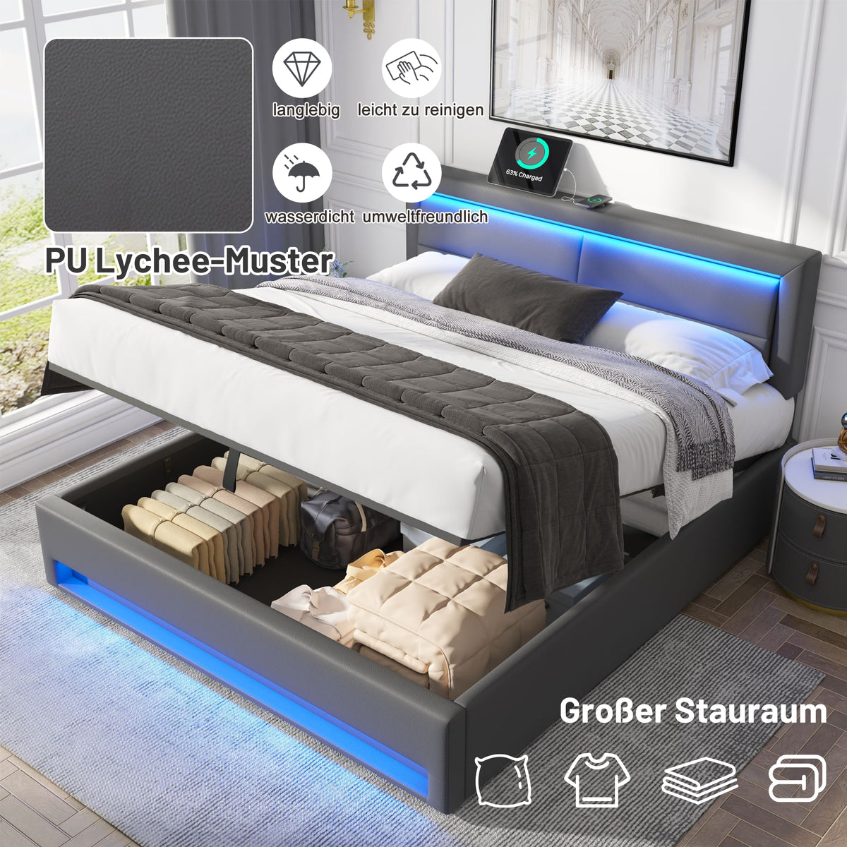 Upholstered Bed 160x200cm with LED & Storage, Grey PU