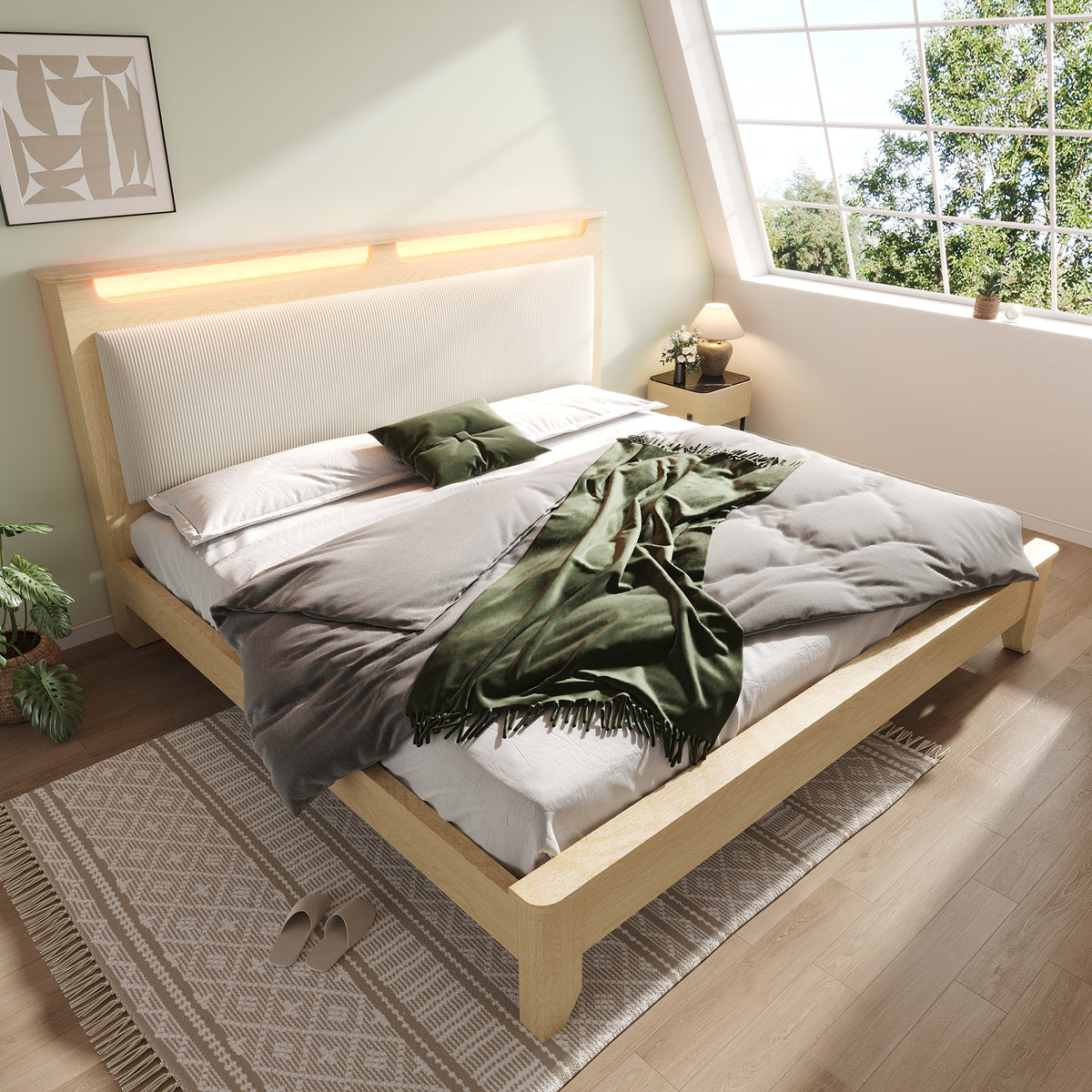 Wooden Double Bed 140x200cm with Storage & LED, Light Oak