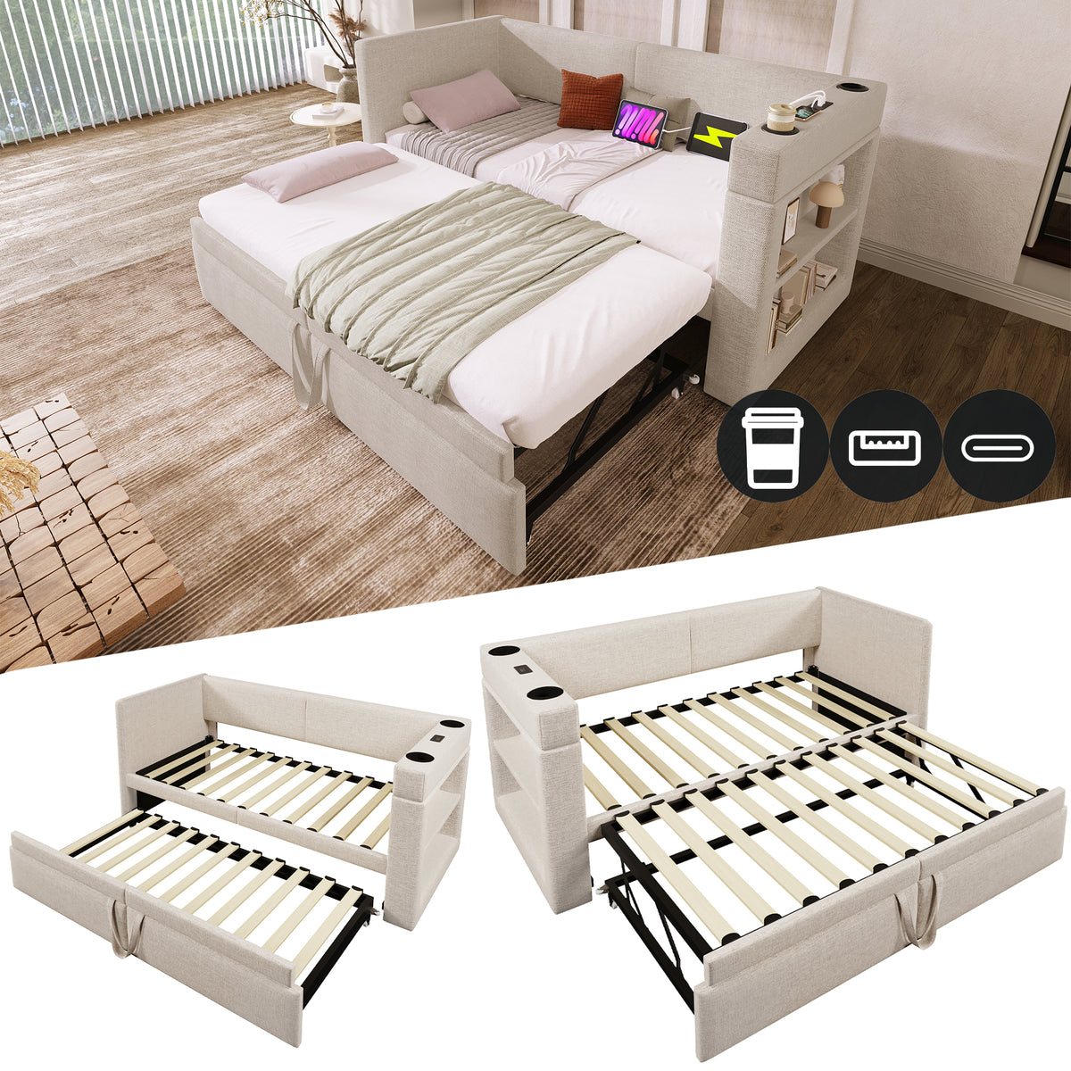Upholstered Daybed 90x200cm with Trundle & USB, Beige Linen Blend