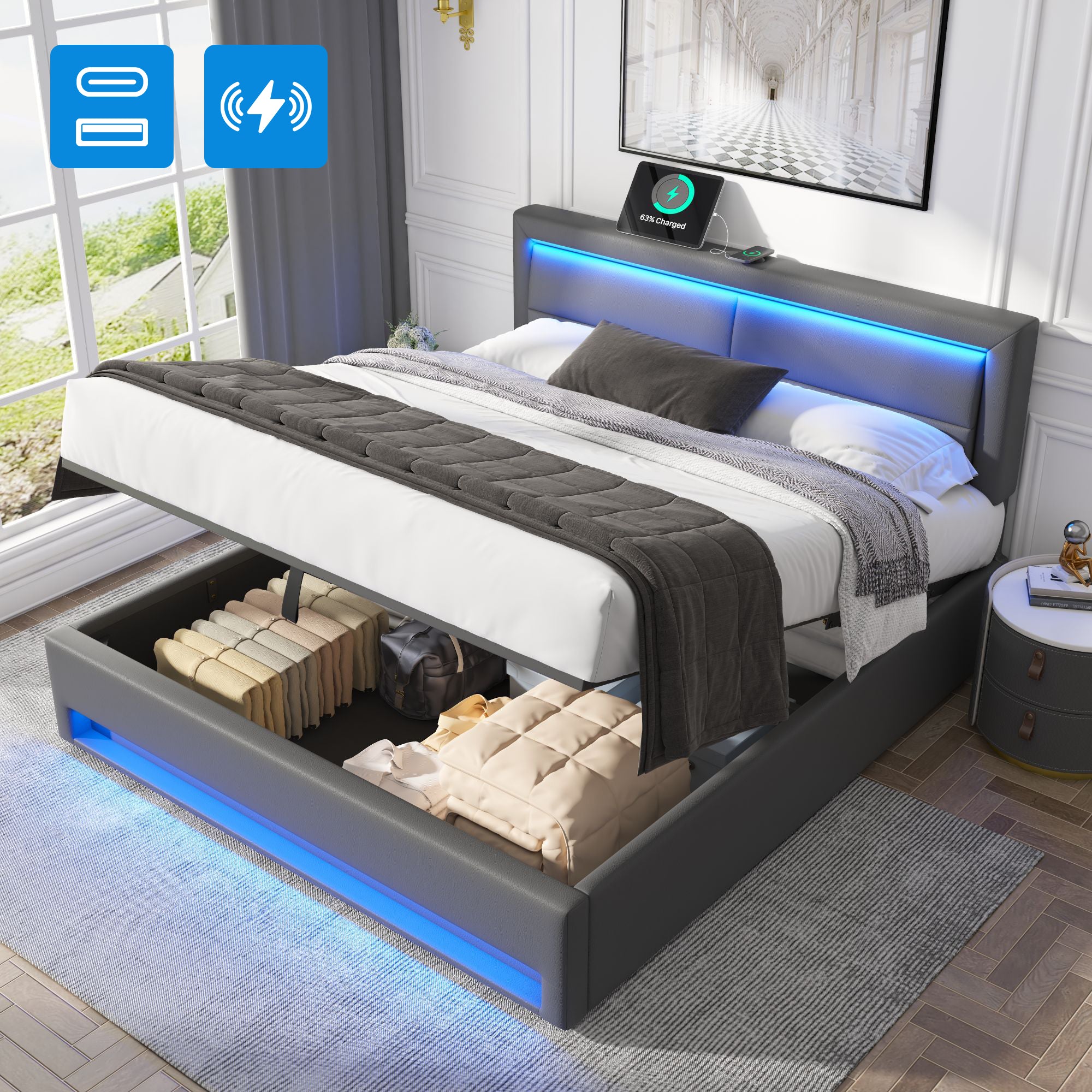 Upholstered Bed 160x200cm with LED & Storage, Grey PU