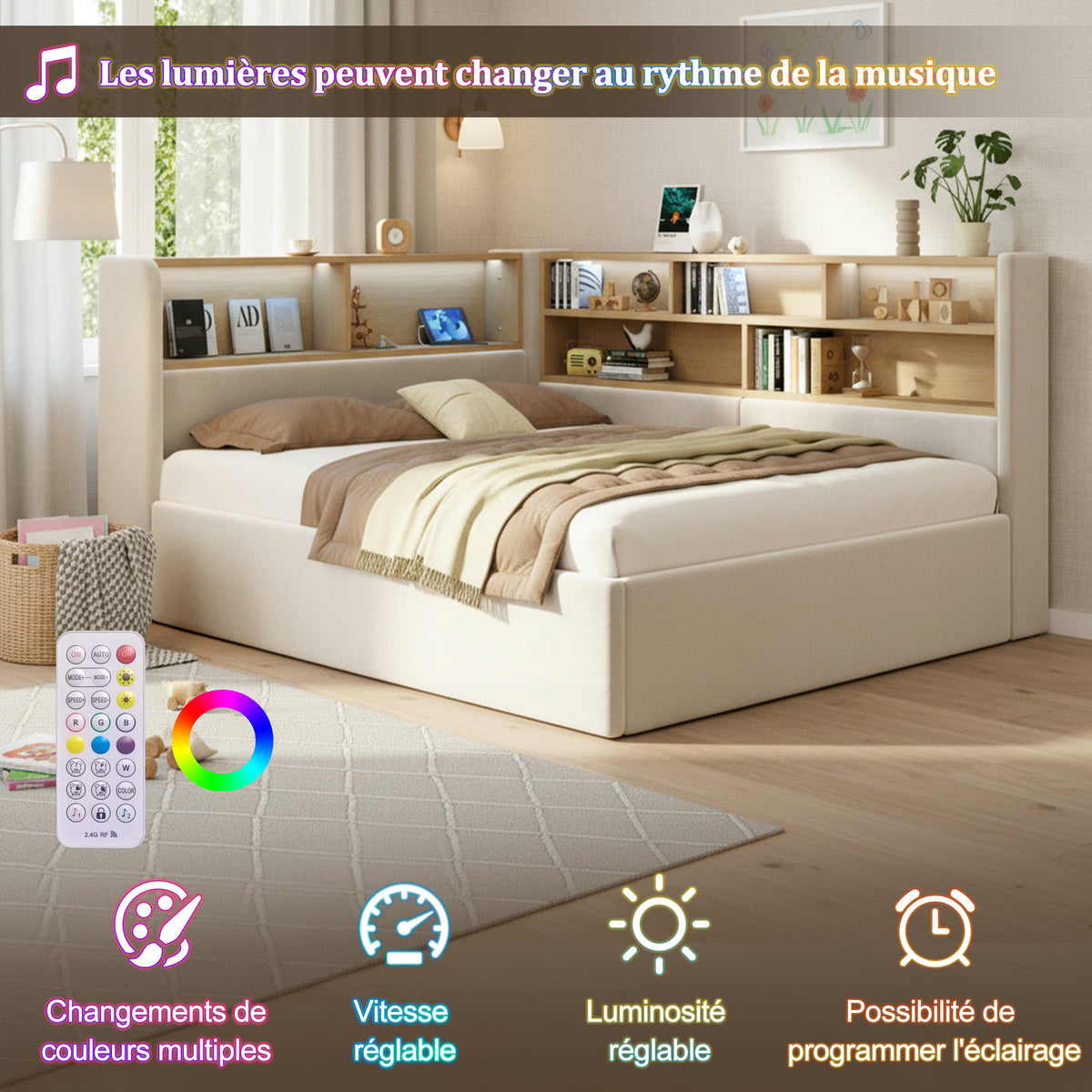 Daybed 140x200 cm with Storage, LED & USB, Beige Velvet