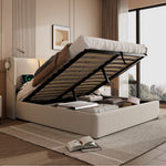 Upholstered Double Bed 180x200 with Storage & LED, Beige Linen