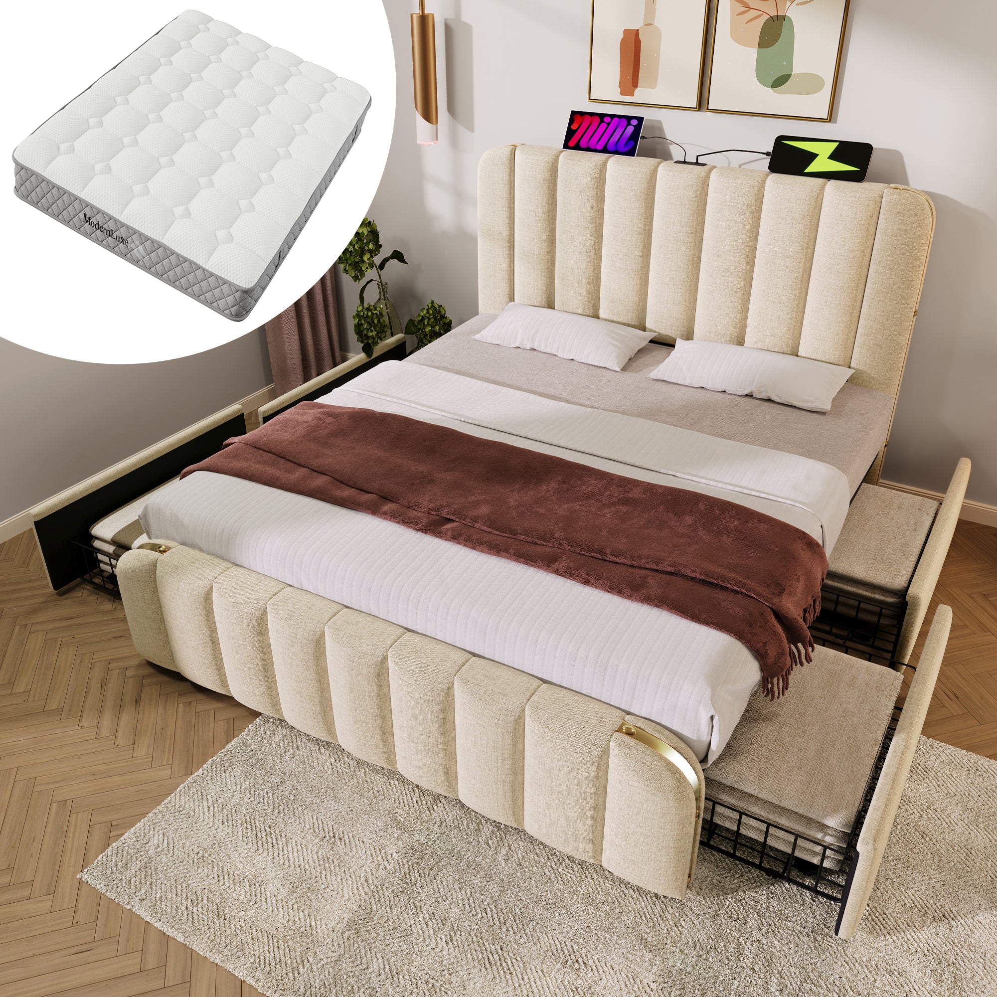 Upholstered Bed 140x200cm with 4 Drawers & USB, Beige Linen