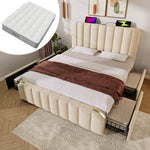 Upholstered Bed 140x200cm with 4 Drawers & USB, Beige Linen