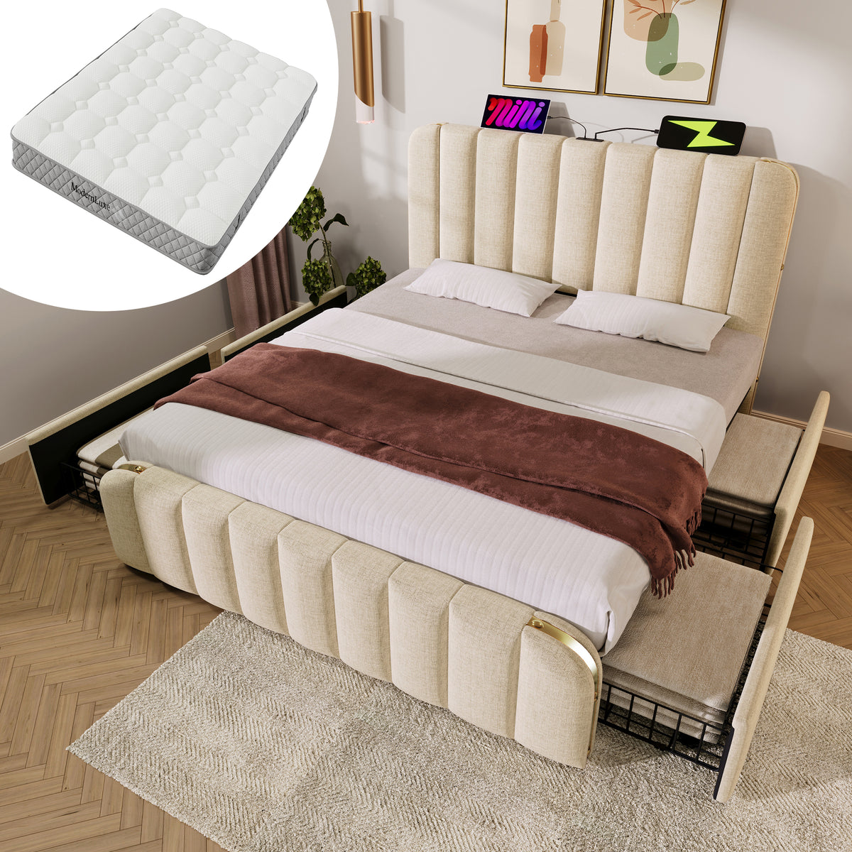 Upholstered Bed 140x200cm with 4 Drawers & USB, Beige Linen