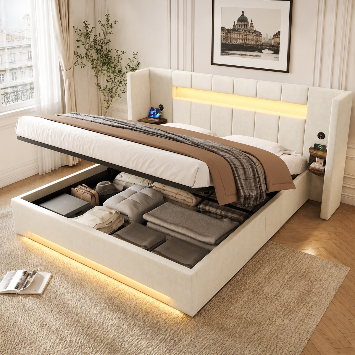 Multifunctional Bed Frame with LED & USB 180x200cm - Velvet