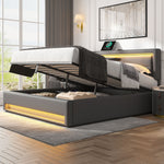 Upholstered Bed 160x200cm with LED & Storage, Grey PU