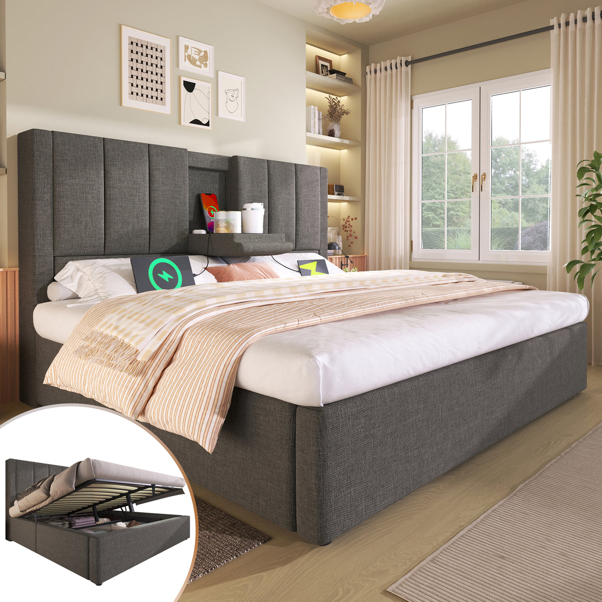 Upholstered Bed 140x200 with Storage & Charging Station, Grey Linen