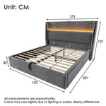 Hydraulic Double Bed 160x200 with LED, Storage & USB, Grey Linen