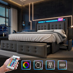 Upholstered Double Bed 180x200cm with LED & 4 Drawers, Grey