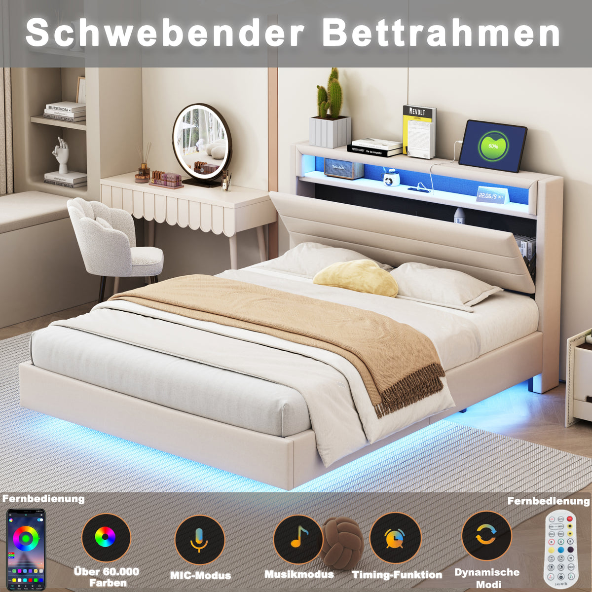 Upholstered Bed 160x200 cm with USB & LED Light, Beige Linen