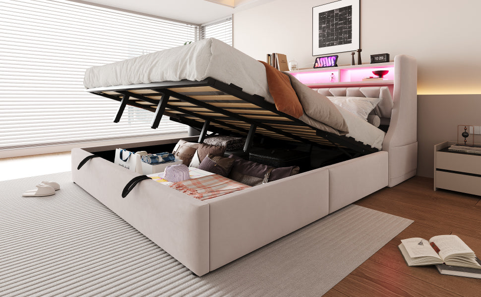 Upholstered Bed 180x200 with Hydraulic Storage & LED, Beige Velvet