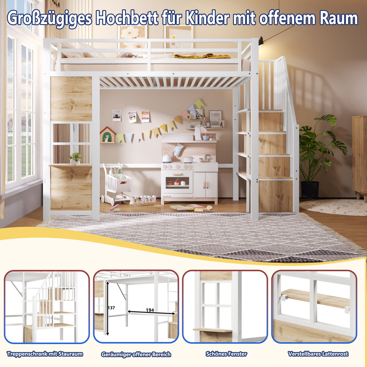 Loft Bed 90x200cm with Storage Ladder - White Iron Frame