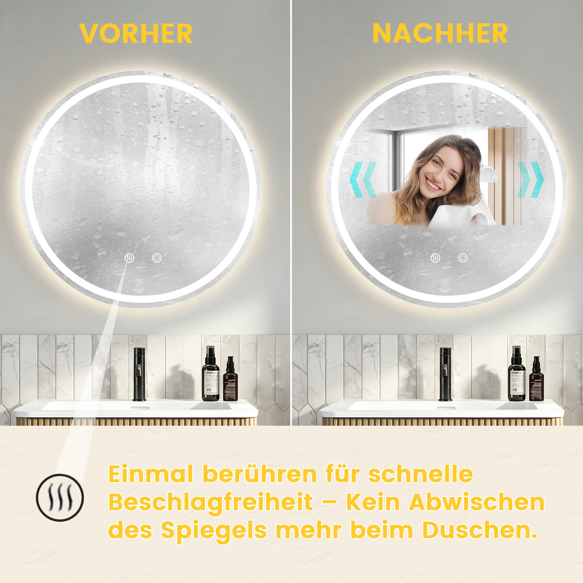 Round LED Bathroom Mirror 80x80cm, Dimmable Fog-Free Glass
