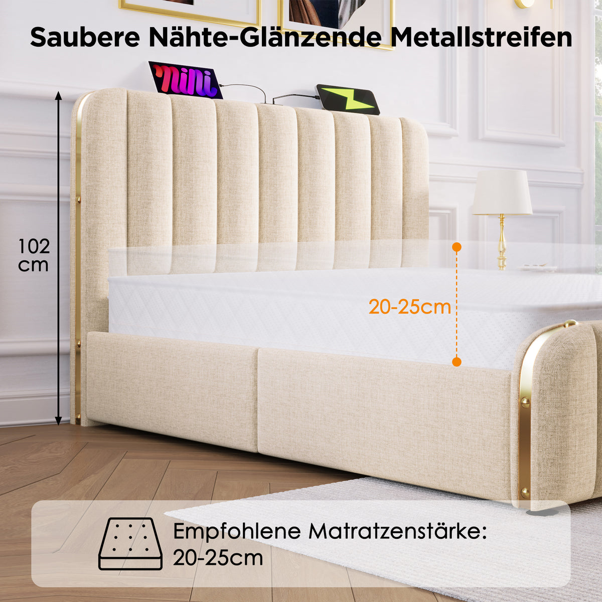 Upholstered Storage Bed 140x190cm with USB Charging, Beige Linen