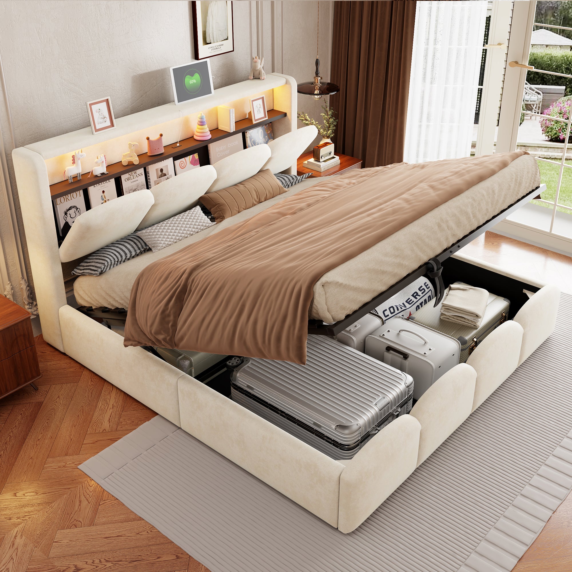 Upholstered Bed 140x200 with Hydraulic Storage & LED, Beige Velvet