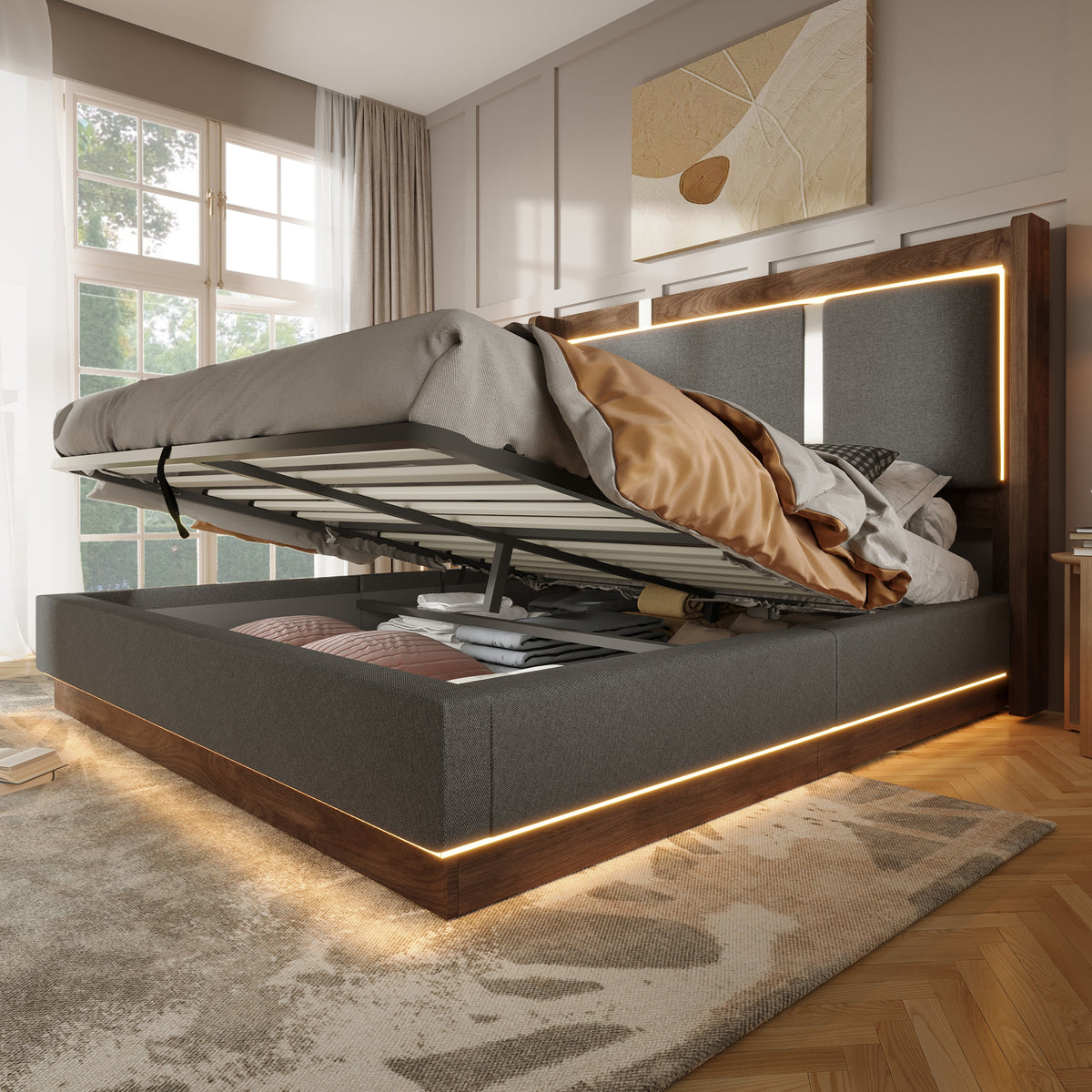 Double Upholstered Bed 140x190 with Storage & LED, Linen Grey & Walnut