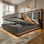 Upholstered Double Bed 140x200 LED & Storage, Linen Grey