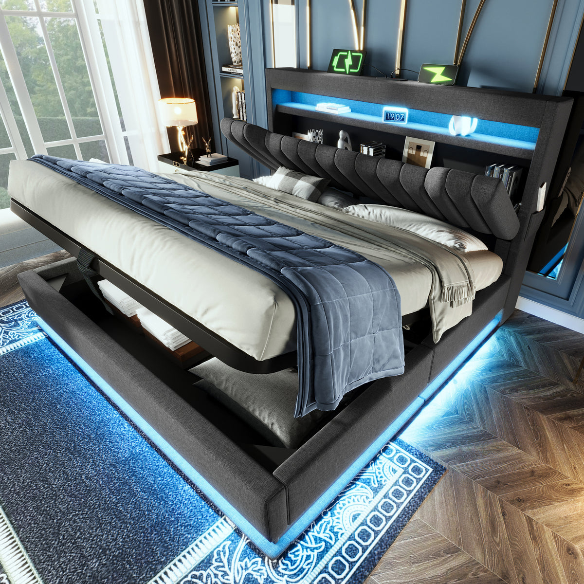 Upholstered Double Bed 160x200cm with Hydraulic Storage, Grey Linen