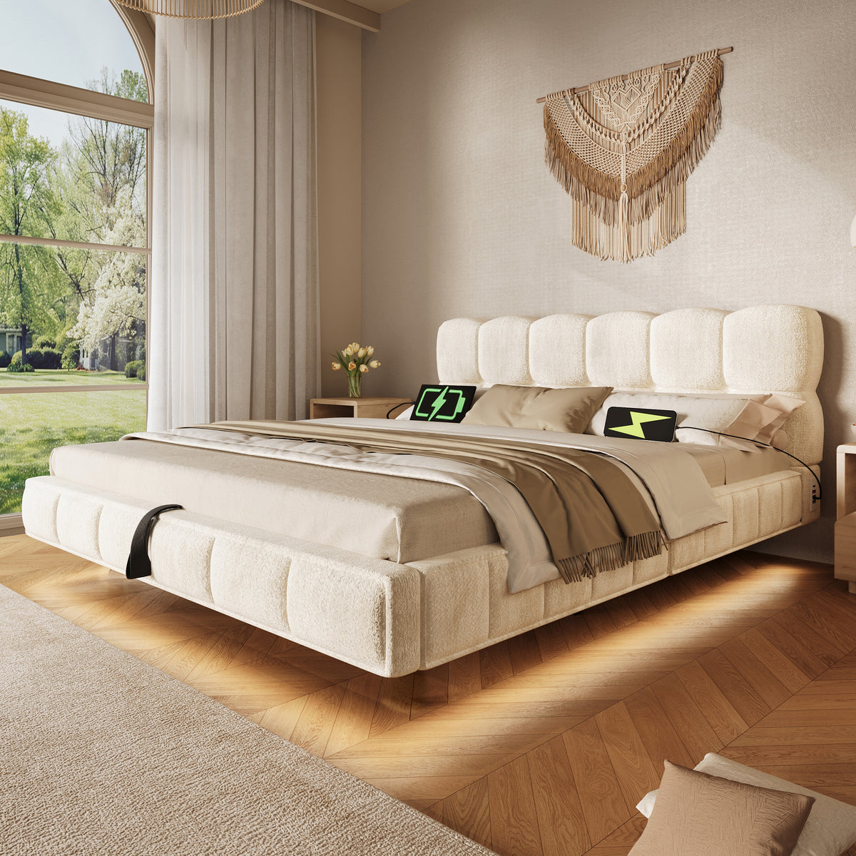Upholstered Bed 140x190cm, Hydraulic Storage & LED, Beige Chenille