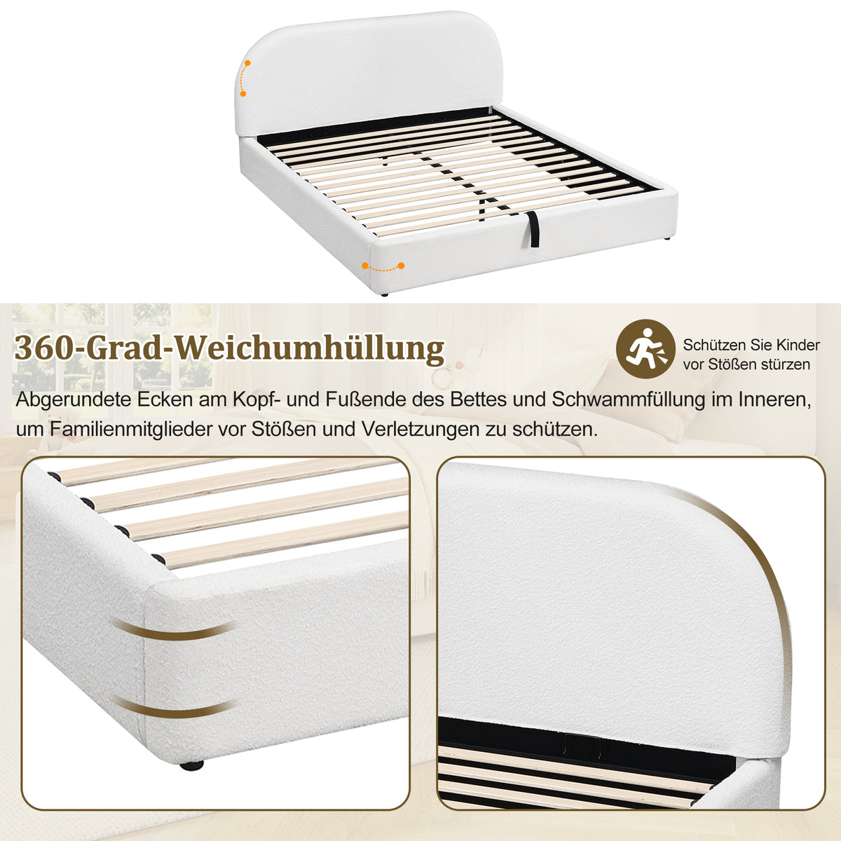Upholstered Double Bed 160x200cm with Storage, Beige Bouclé