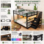 Bunk Bed 140x200 cm with Stairs, Storage & LED Light, White Metal