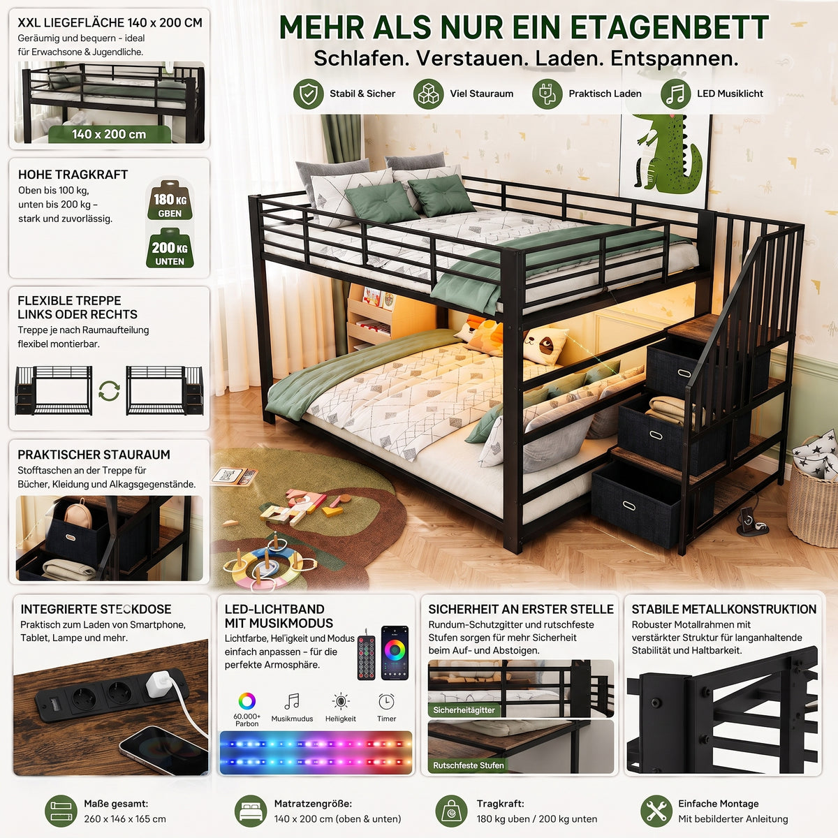 Bunk Bed 140x200 cm with Stairs, Storage & LED Light, White Metal