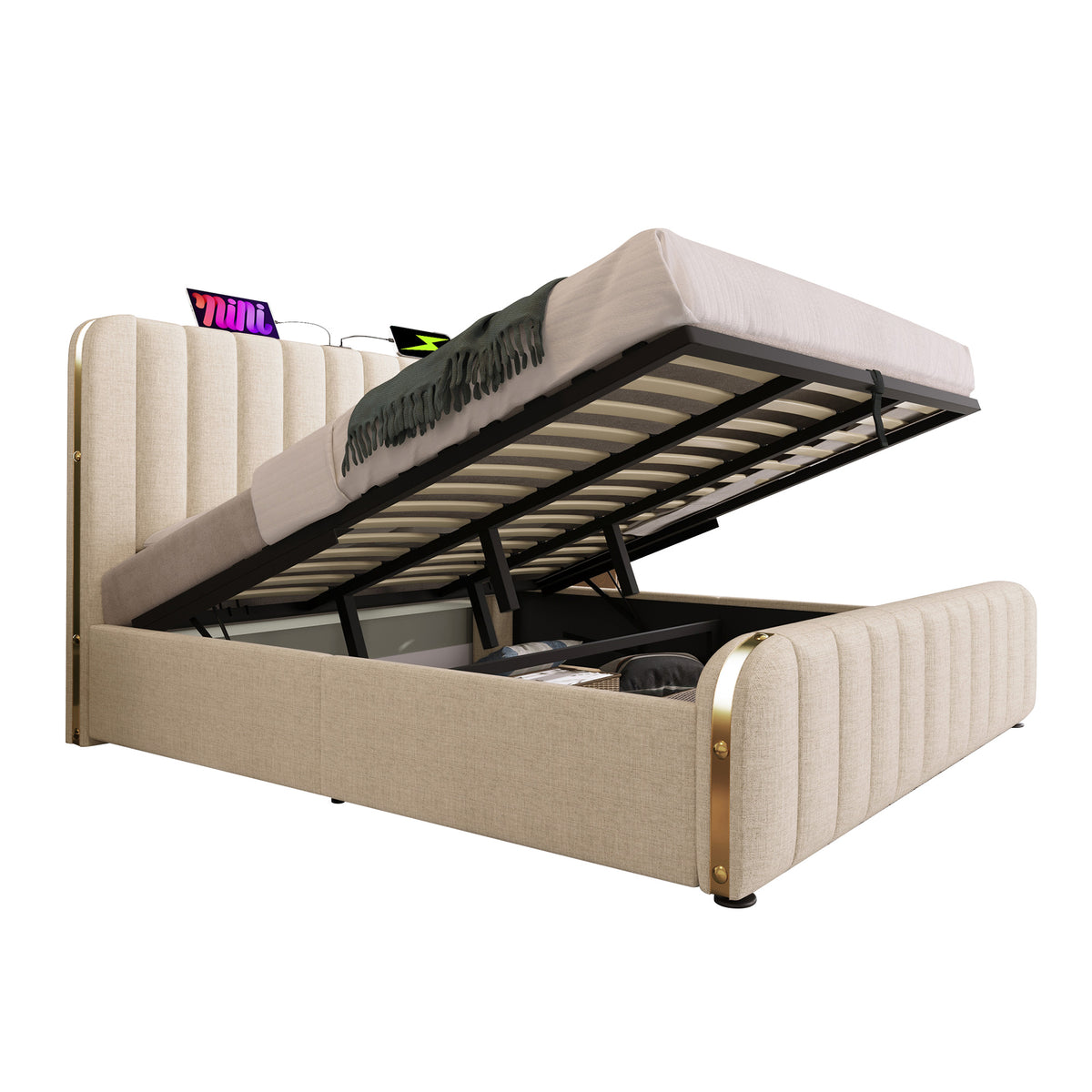 Upholstered Bed 180x200 with USB & Storage - Beige Linen