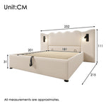 Upholstered Double Bed 180x200 with Lamp & USB Storage - Beige Linen