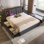Upholstered Double Bed 160x200cm with 4 Drawers - Grey Linen