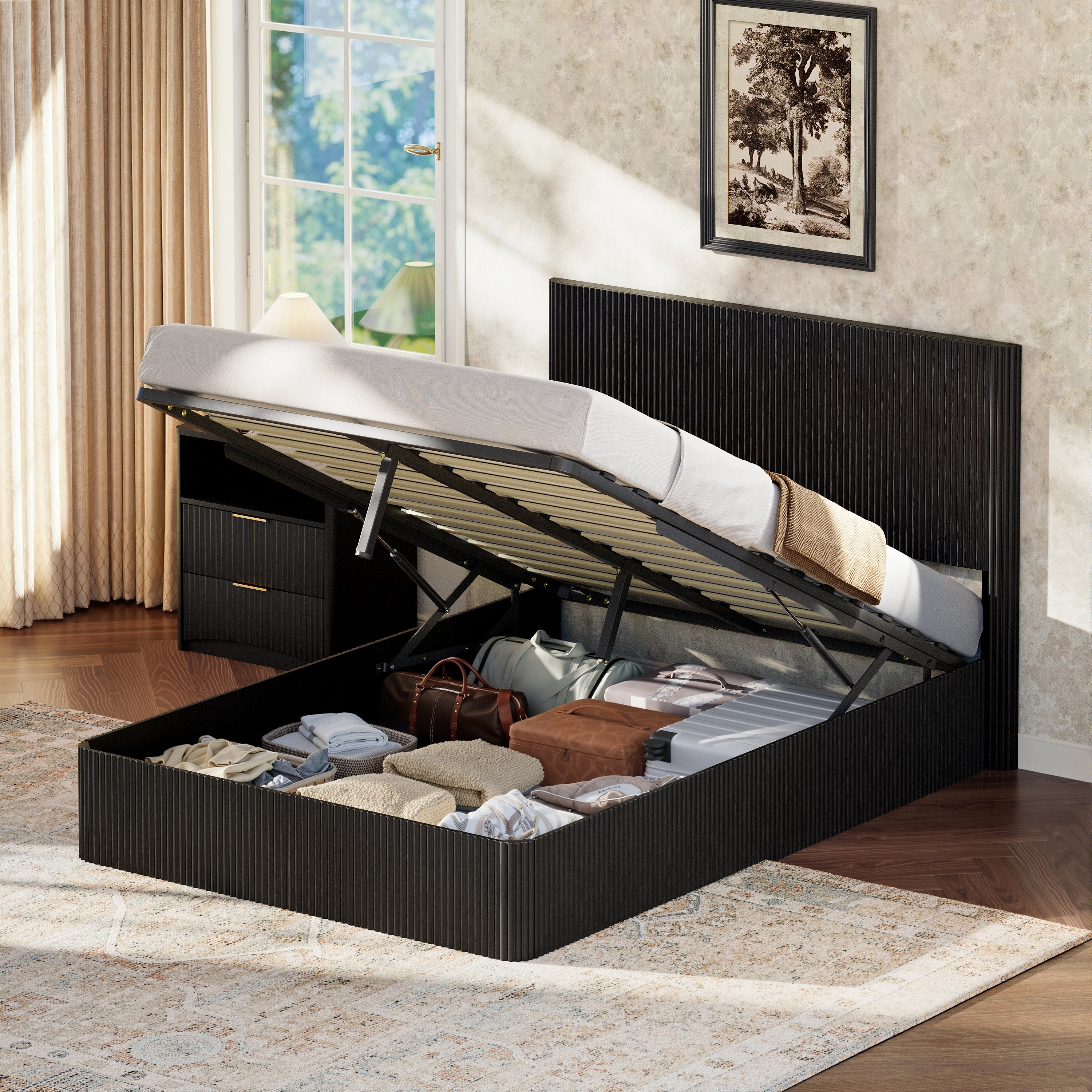 Modern Bed with Hydraulic Lift & Storage, 140x200 cm - Black