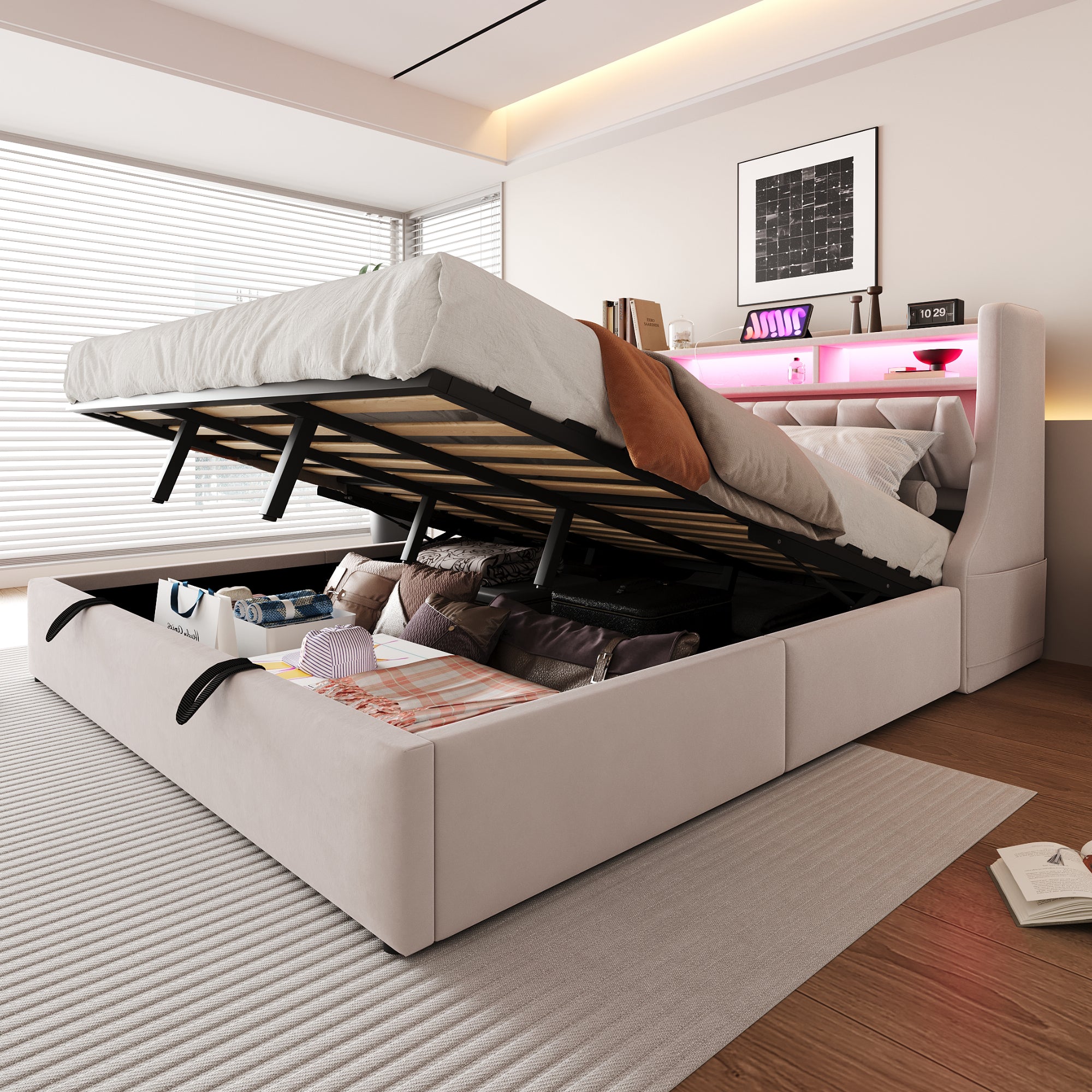 Upholstered Bed 180x200 with Hydraulic Storage & LED, Beige Velvet