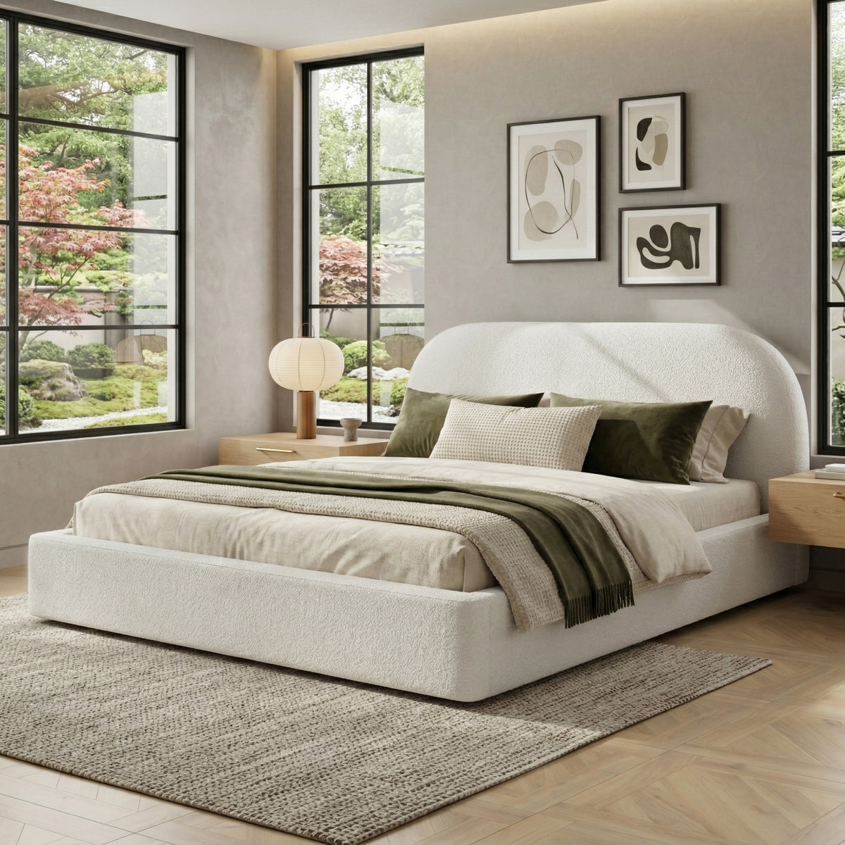 Upholstered Double Bed 160x200cm with Storage, Beige Bouclé