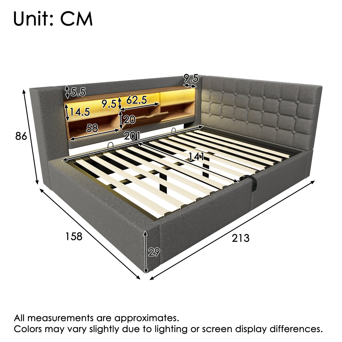 Upholstered Double Bed 180x200cm Hydraulic Storage, Grey Linen