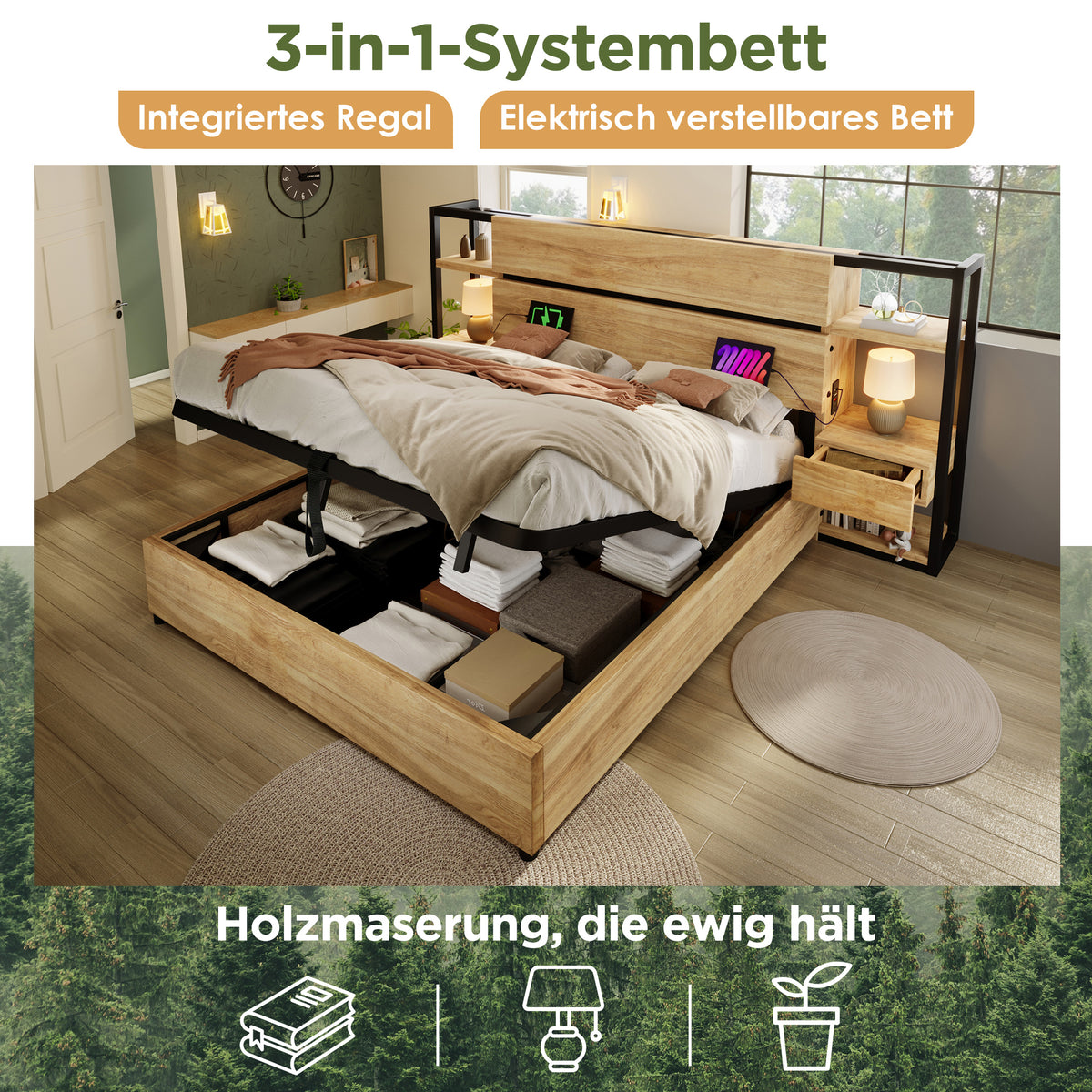 Upholstered Double Bed 160x200cm Hydraulic Storage LED, Beige Linen