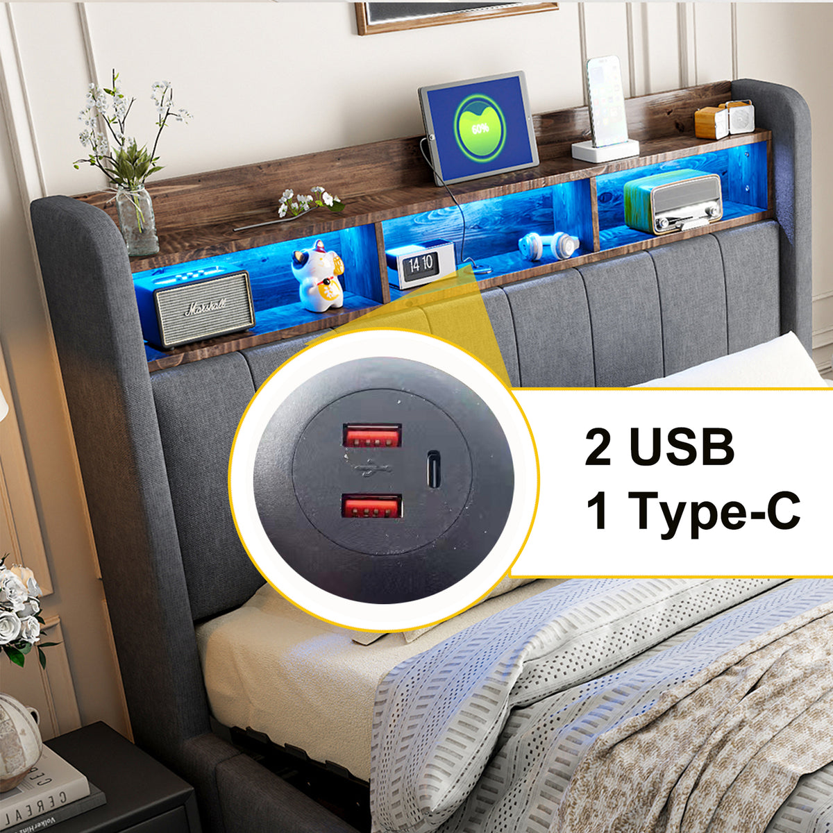 Upholstered Double Bed with USB & LED 180x200cm, Linen