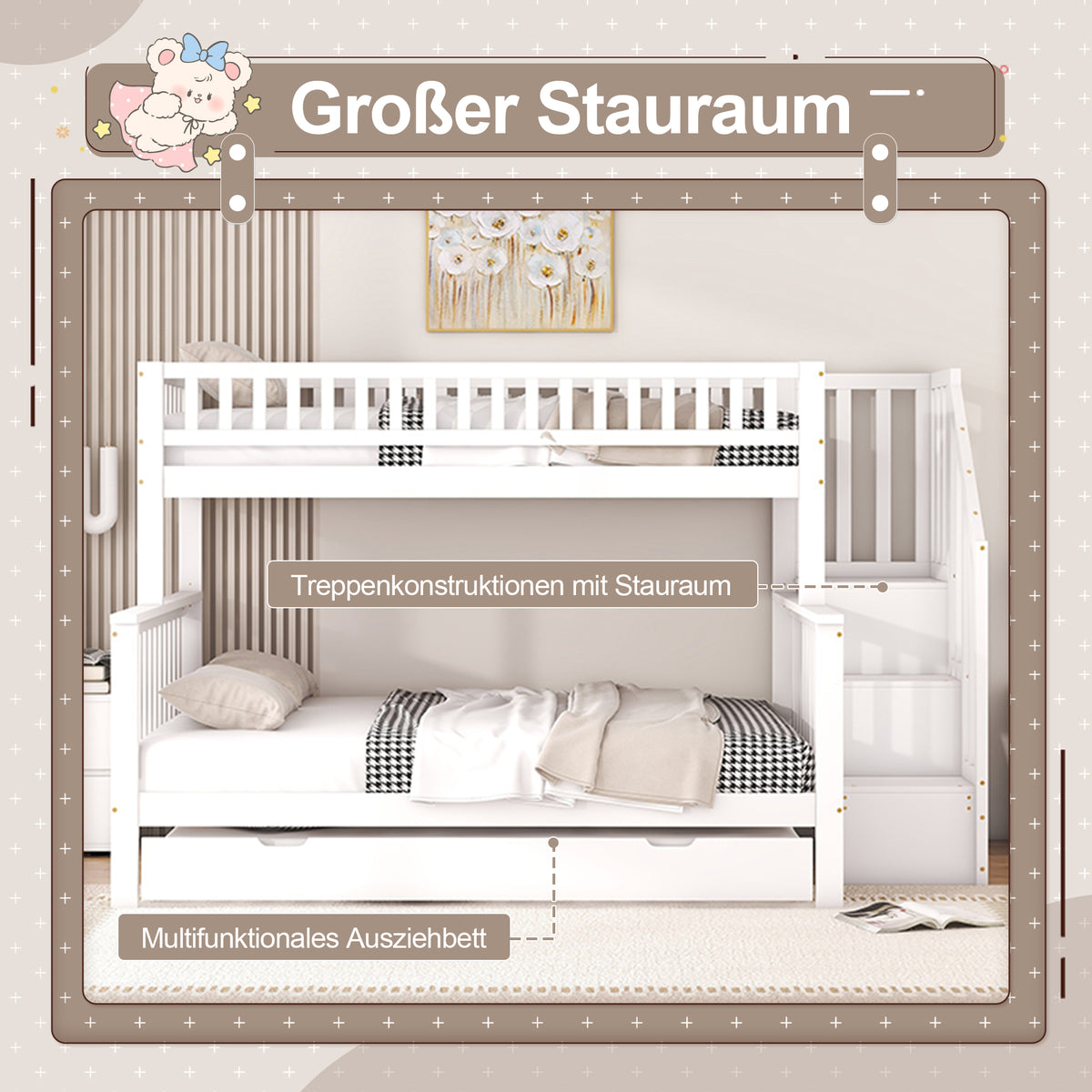 Bunk Bed 90x200/140x200cm with Stairs & Storage, Pine White