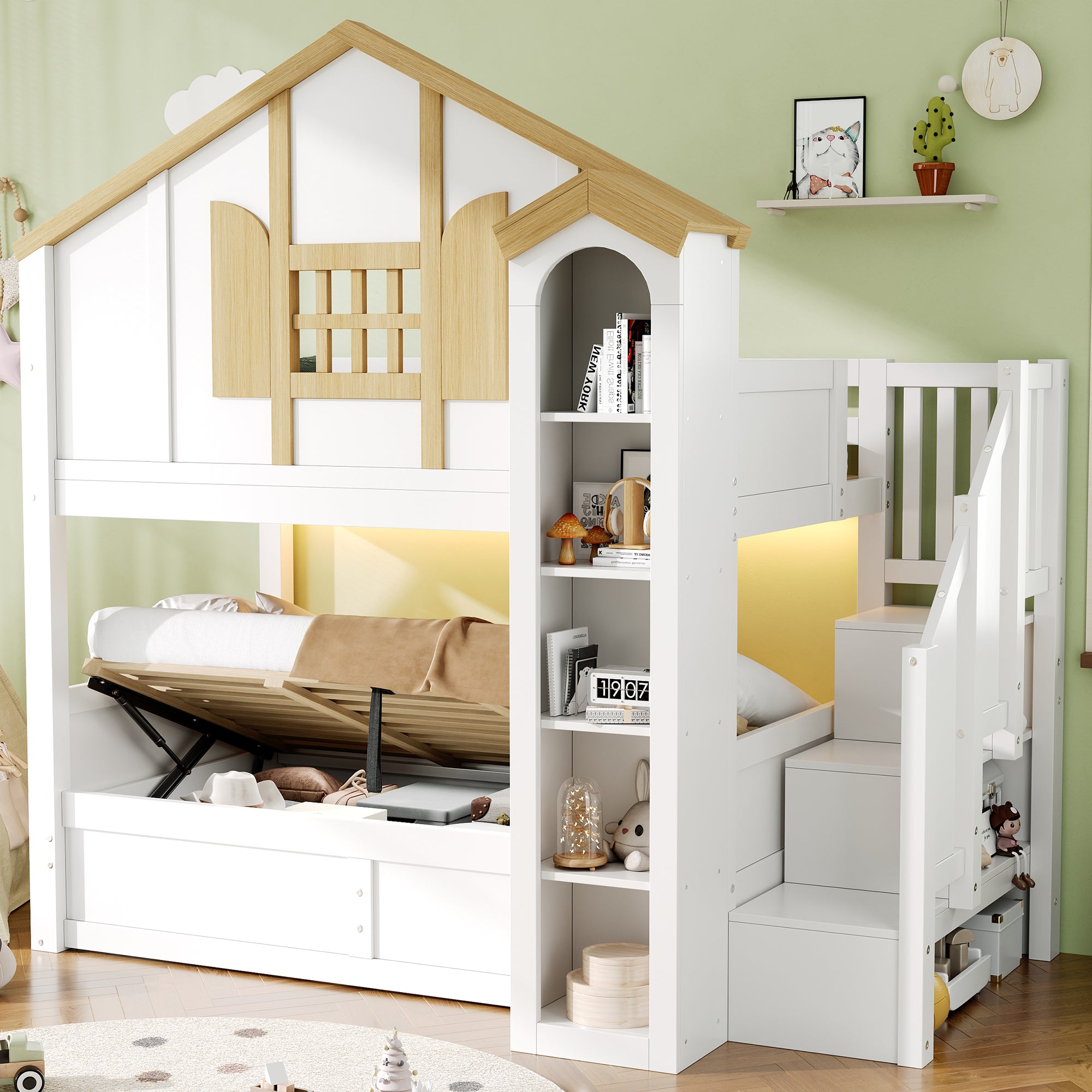 Bunk Bed with Hydraulic Lift & Storage Stairs, Solid Wood White