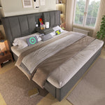 Wooden Double Bed 160x200cm with Storage & LED, Light Oak