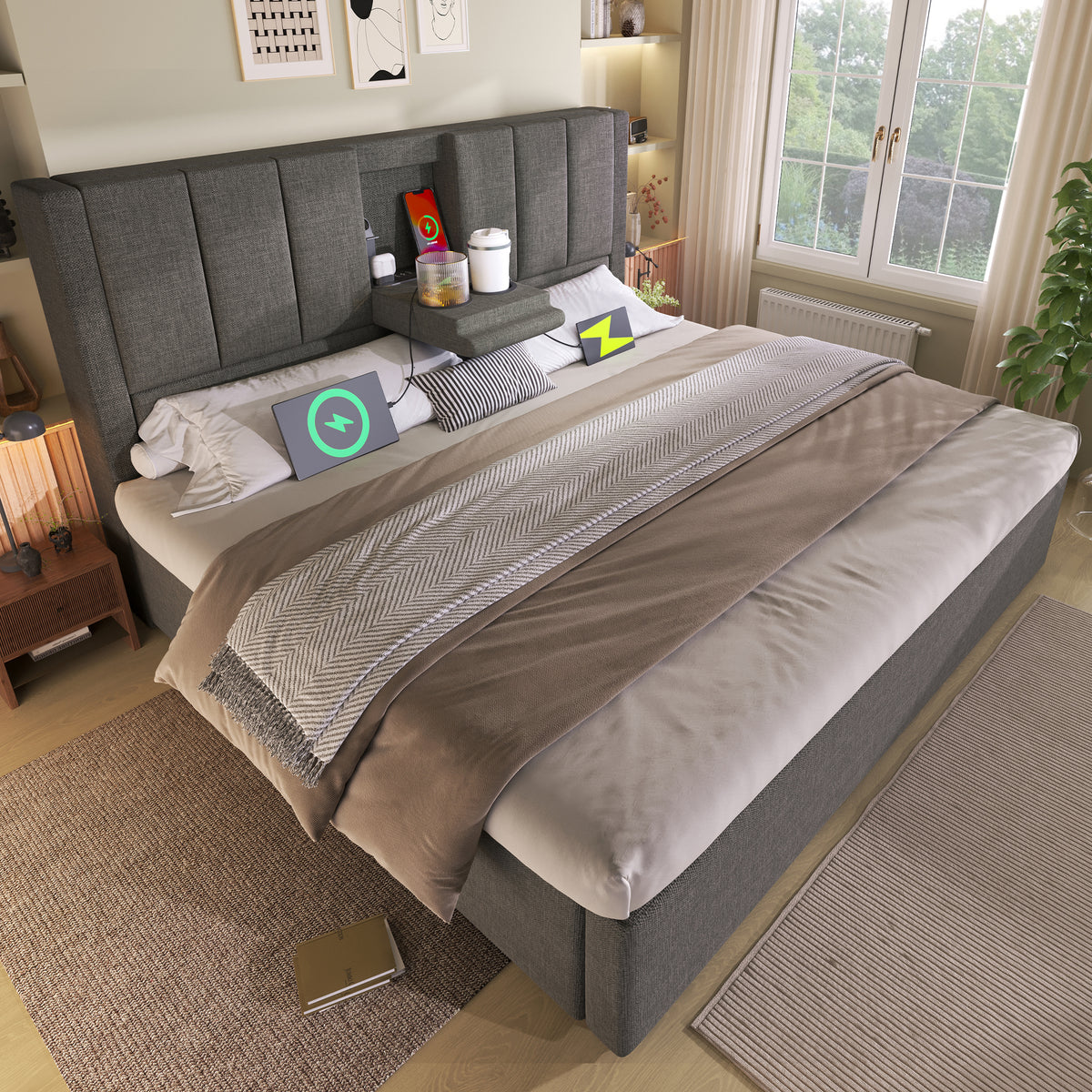 Wooden Double Bed 160x200cm with Storage & LED, Light Oak
