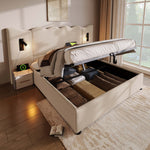 Upholstered Double Bed 180x200 with Lamp & USB Storage - Beige Linen